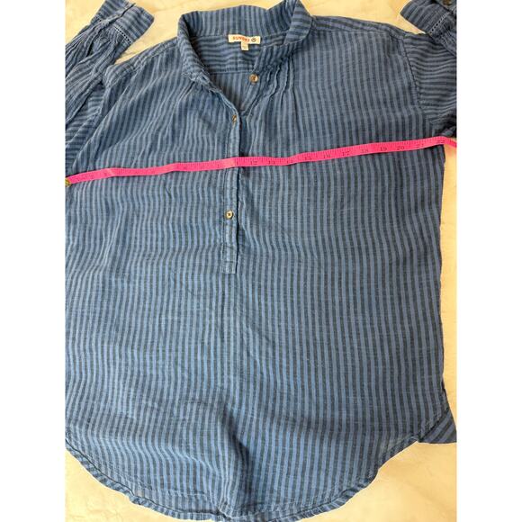 SUNDRY Blue Striped 1/4 Button Long Sleeve Collared Blouse Crochet Detail Size 0 - Picture 9 of 10
